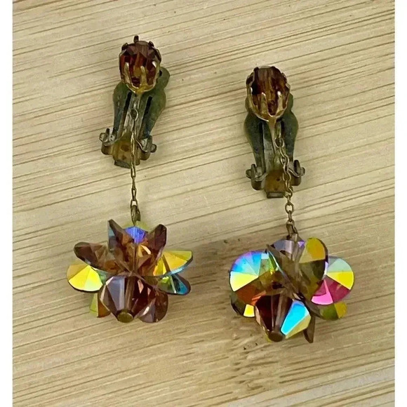 VTG Crystal Dangle Iridescent Clip on Earrings Bronze - Picture 5 of 13